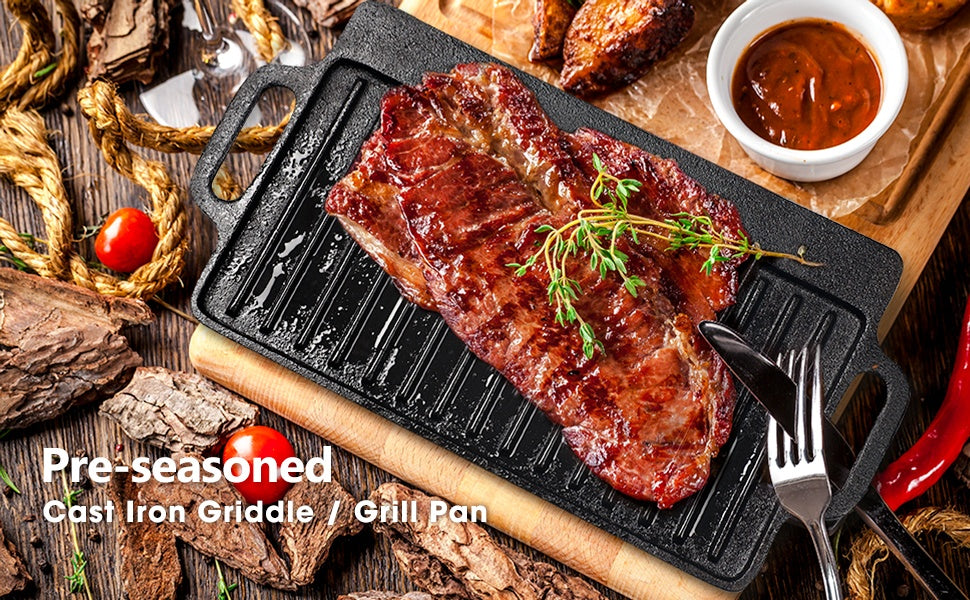 Heavy Duty Reversible Cast Iron Griddle Grill Pan - Double-Sided