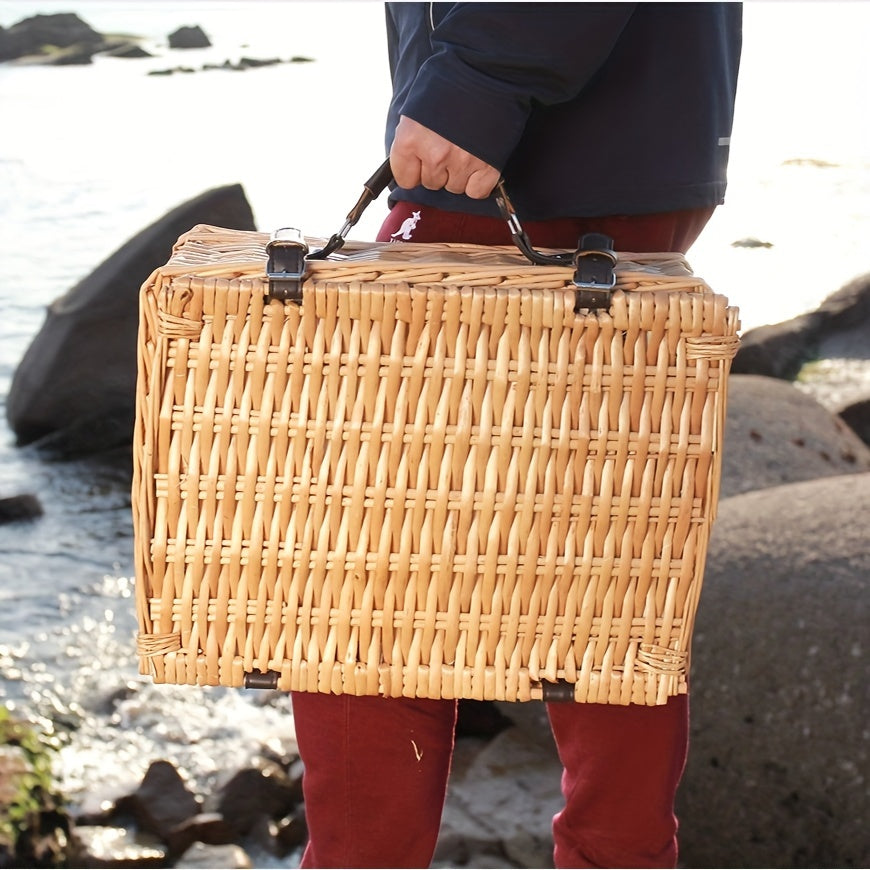 1 Set Picnic Basket With Cutlery For 4 Person, Large Willow Basket Set With Bottle Holder