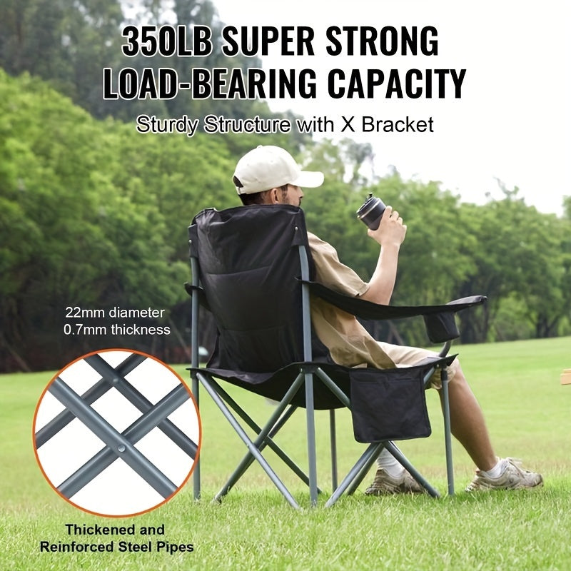 Heavy Duty Portable Folding Chair - with Side Pockets, Cup Holder, Cooler Bag