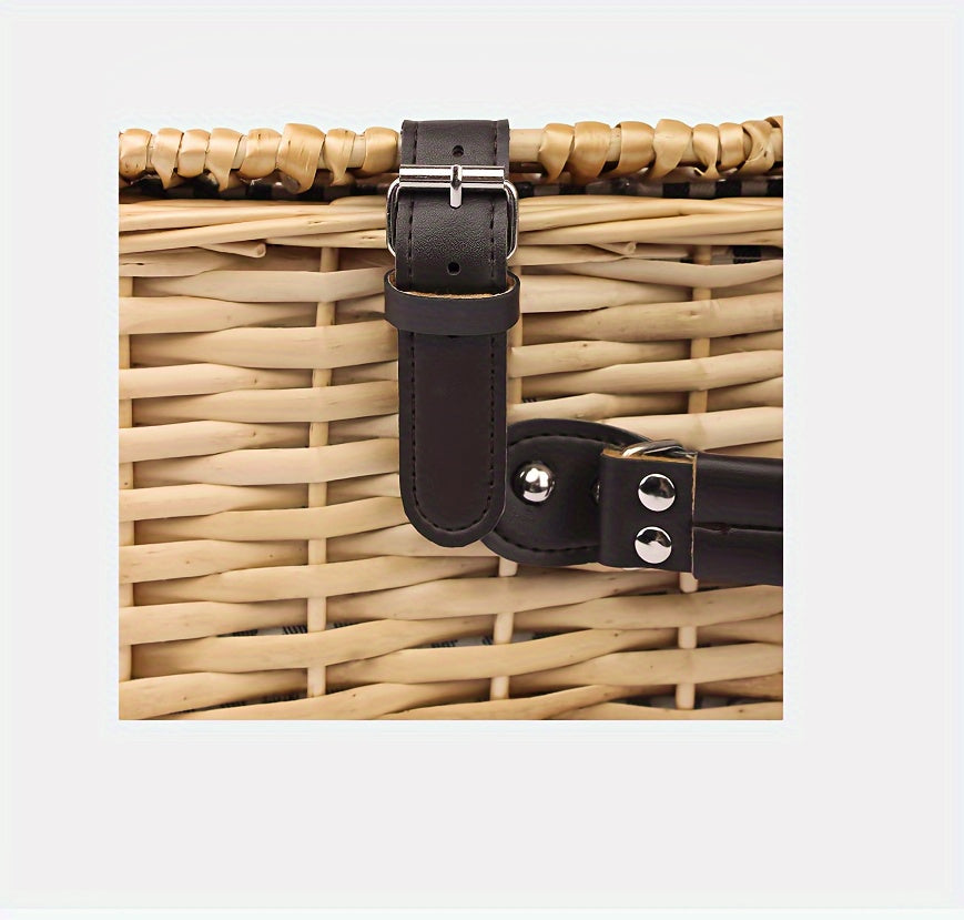 1 Set Picnic Basket With Cutlery For 4 Person, Large Willow Basket Set With Bottle Holder