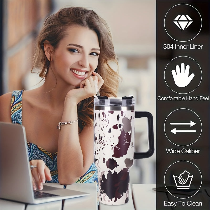 Insulated Cow Print Tumbler with Handle and Straw Lid - 40oz Capacity, 304 Stainless Steel