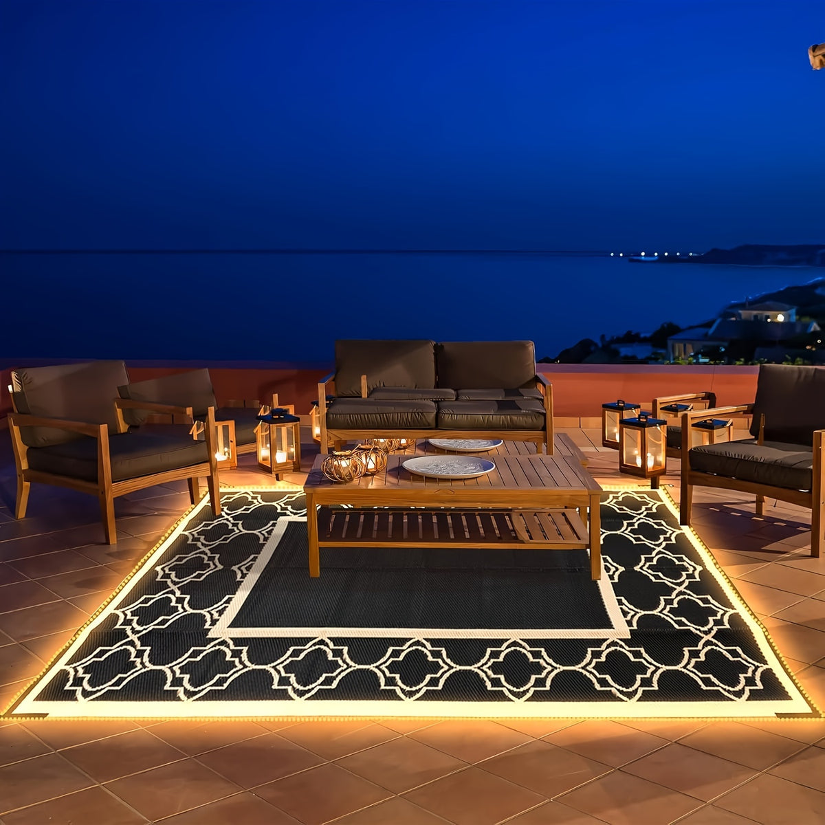 Outdoor Rug Carpet 5 X 8ft For Patio RV Camping With Led Strip Lights