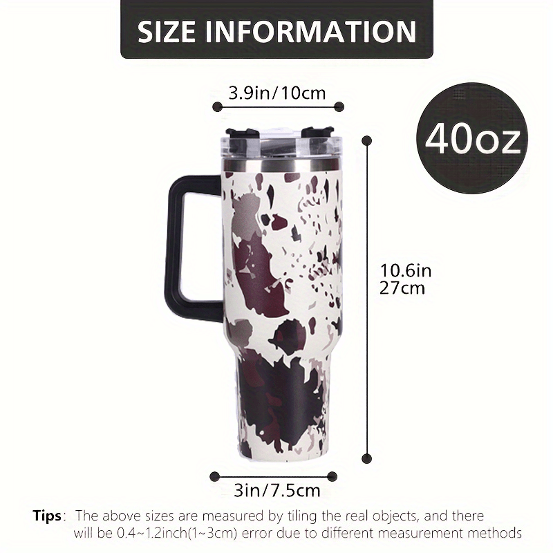 Insulated Cow Print Tumbler with Handle and Straw Lid - 40oz Capacity, 304 Stainless Steel