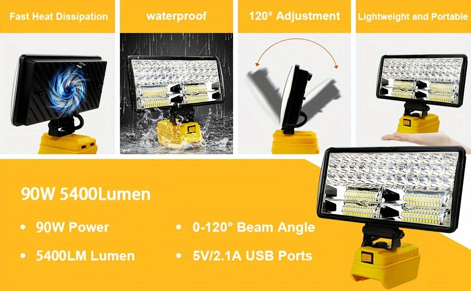 LED Work Light For DeWALT 20V MAX Battery, 90W 5400LM/60W 4500LM/48W 3800LM
