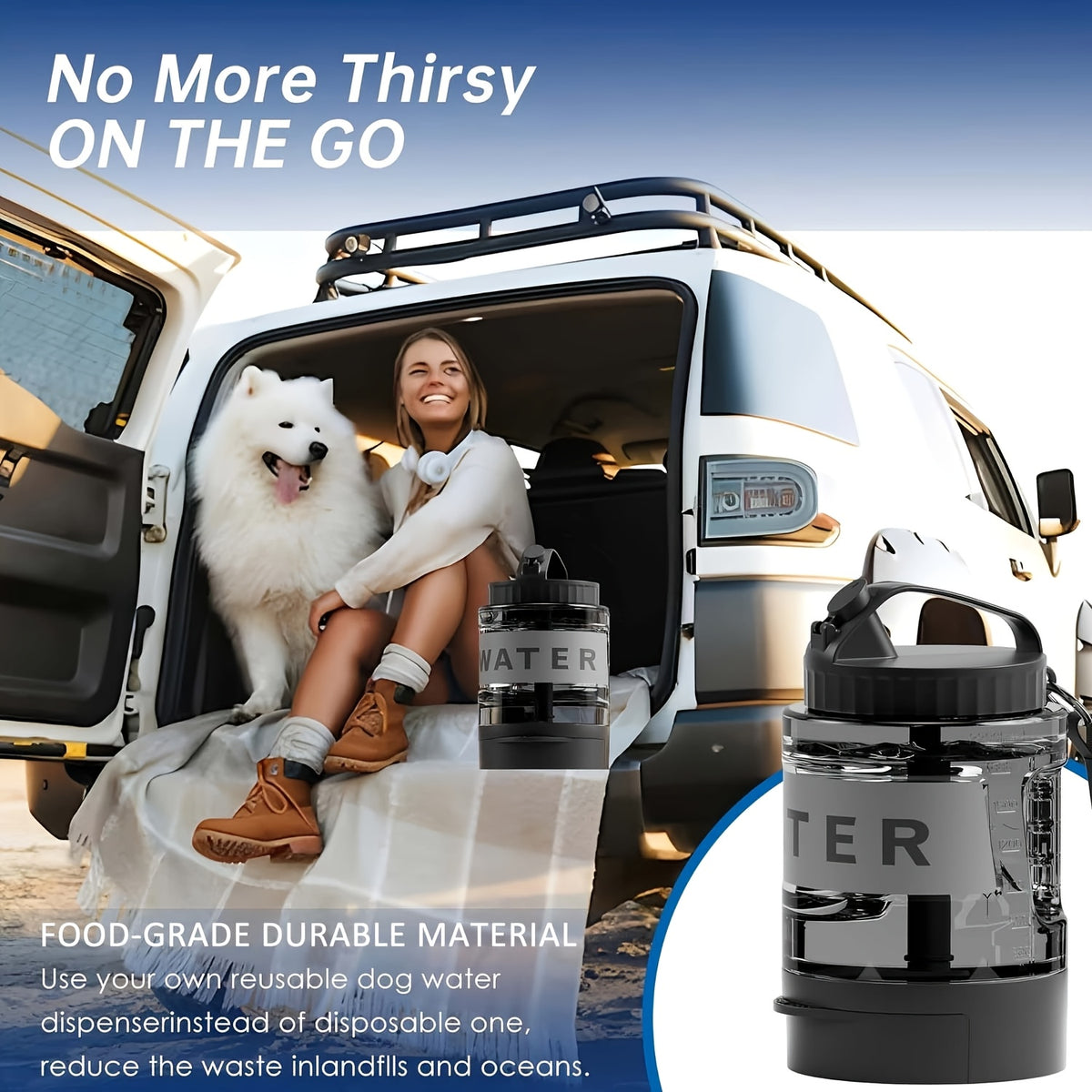 74oz Large Capacity Ocean Blue Dog Water Bottle with Built-In Bowl
