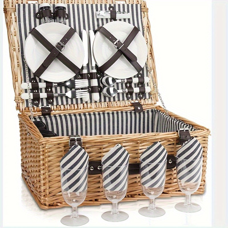 1 Set Picnic Basket With Cutlery For 4 Person, Large Willow Basket Set With Bottle Holder
