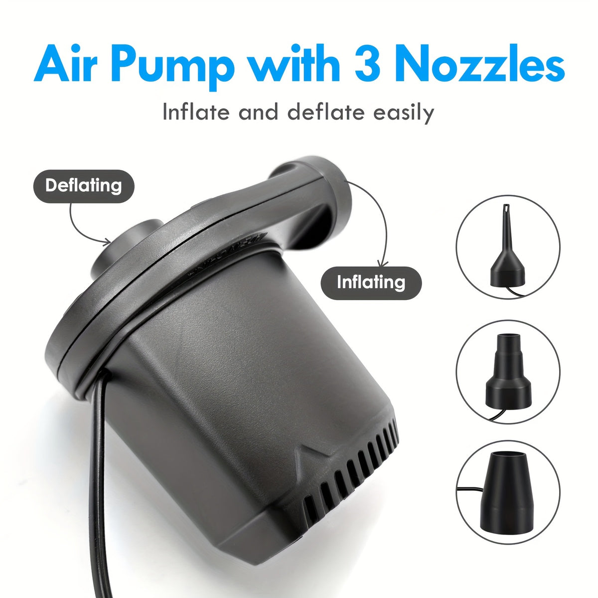 Electric Air Pump For Inflatables, Air Mattress Pump With 3 Nozzles