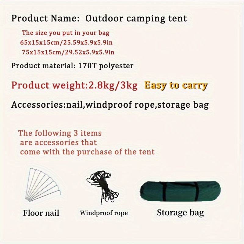 2-3 Person, Lightweight Tent with Double Windproof Doors and Mosquito Net