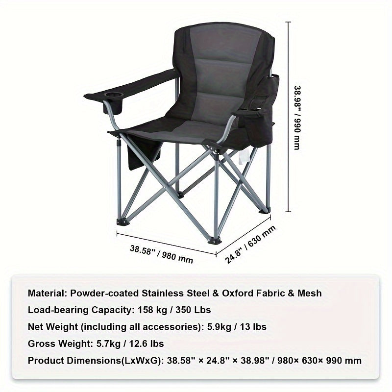 Heavy Duty Portable Folding Chair - with Side Pockets, Cup Holder, Cooler Bag