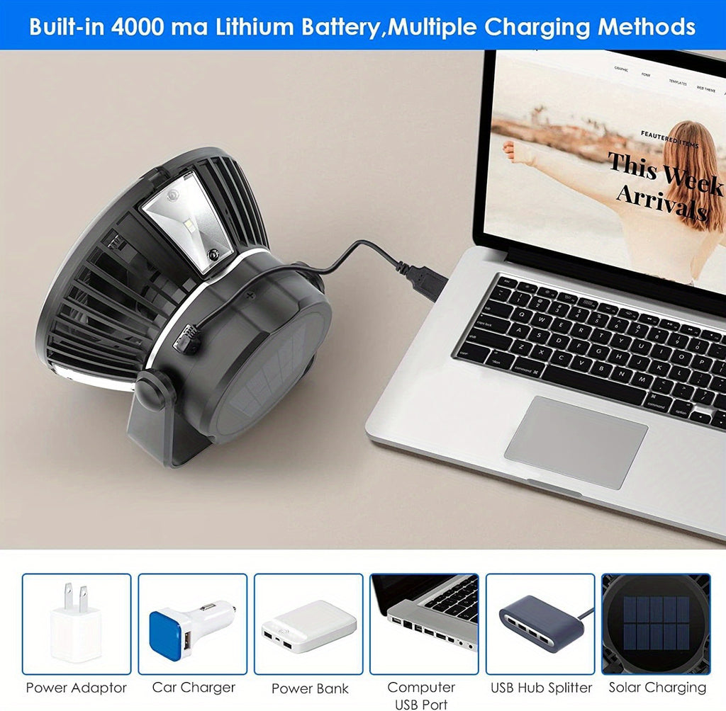 4000mAh Rechargeable Solar Powered Ceiling Fan with LED Lantern