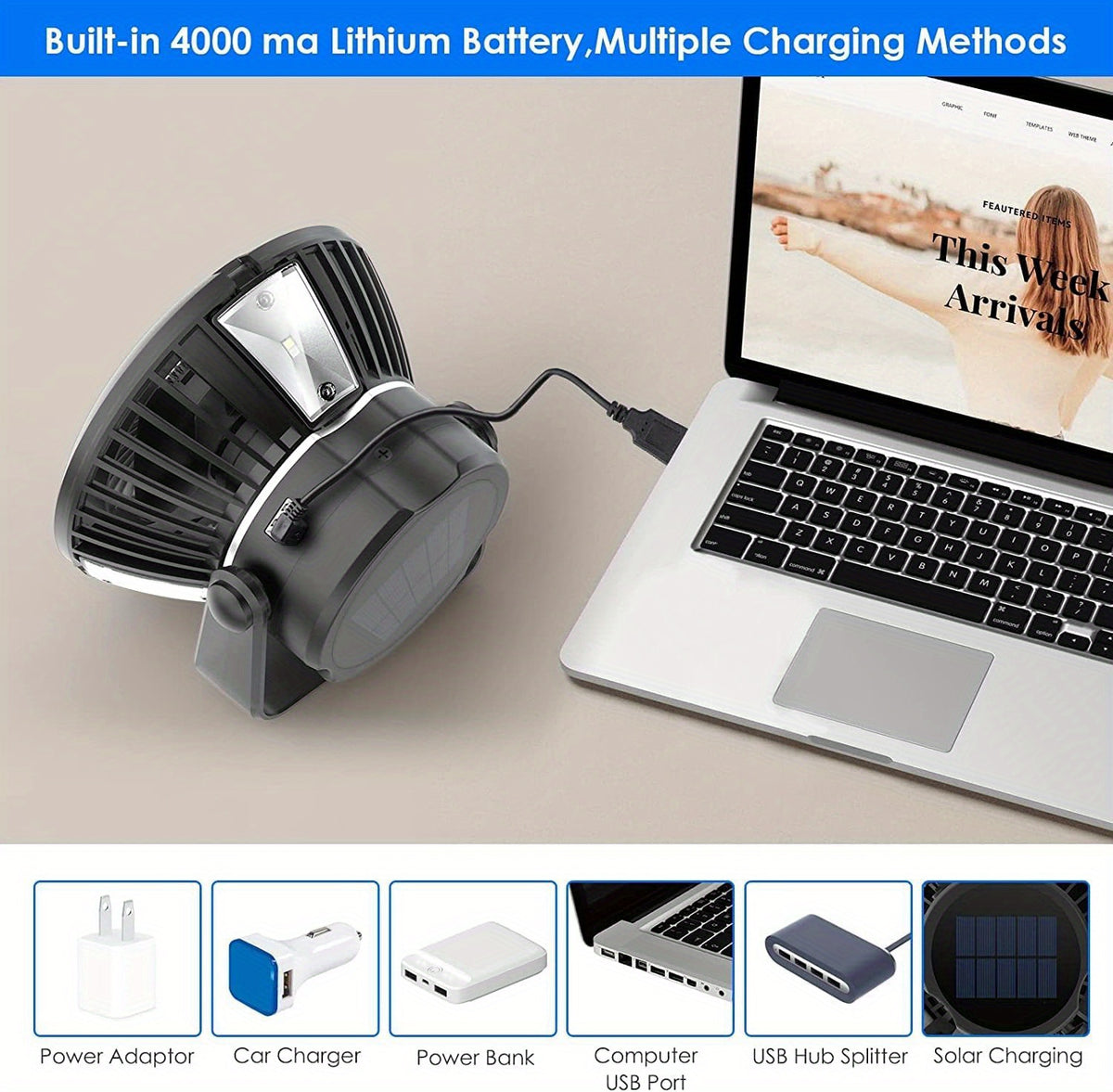 4000mAh Rechargeable Solar Powered Ceiling Fan with LED Lantern