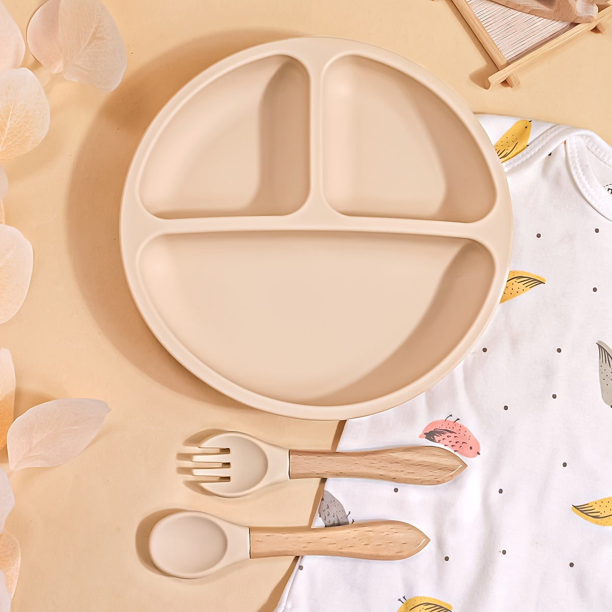 3pcs Baby Feeding Set Made of 100% Silicone, Featuring a Divided Suction Plate