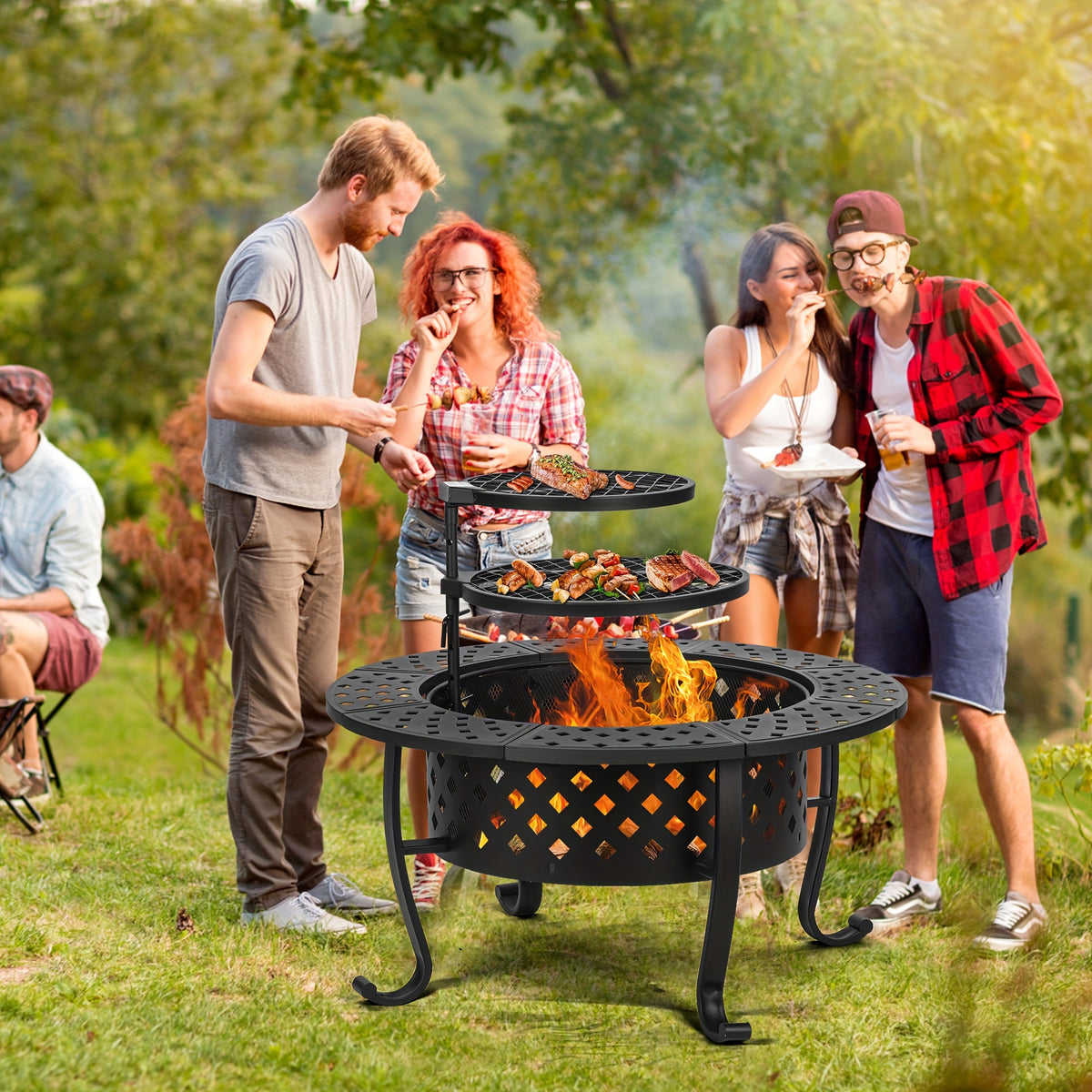 36''x28''Fire Pit, 3-in-1 Fire Pit with Two Grills, Lid, Poker, Waterproof Cover