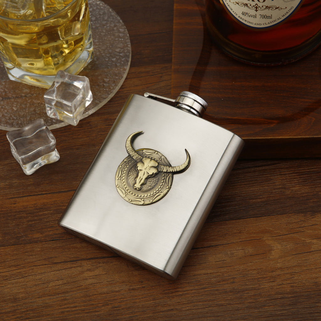 Stainless Steel Flask, Vintage Bull Head