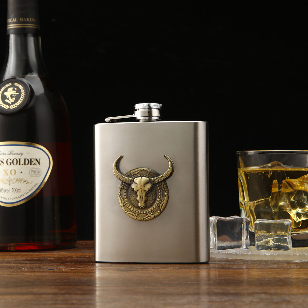 Stainless Steel Flask, Vintage Bull Head