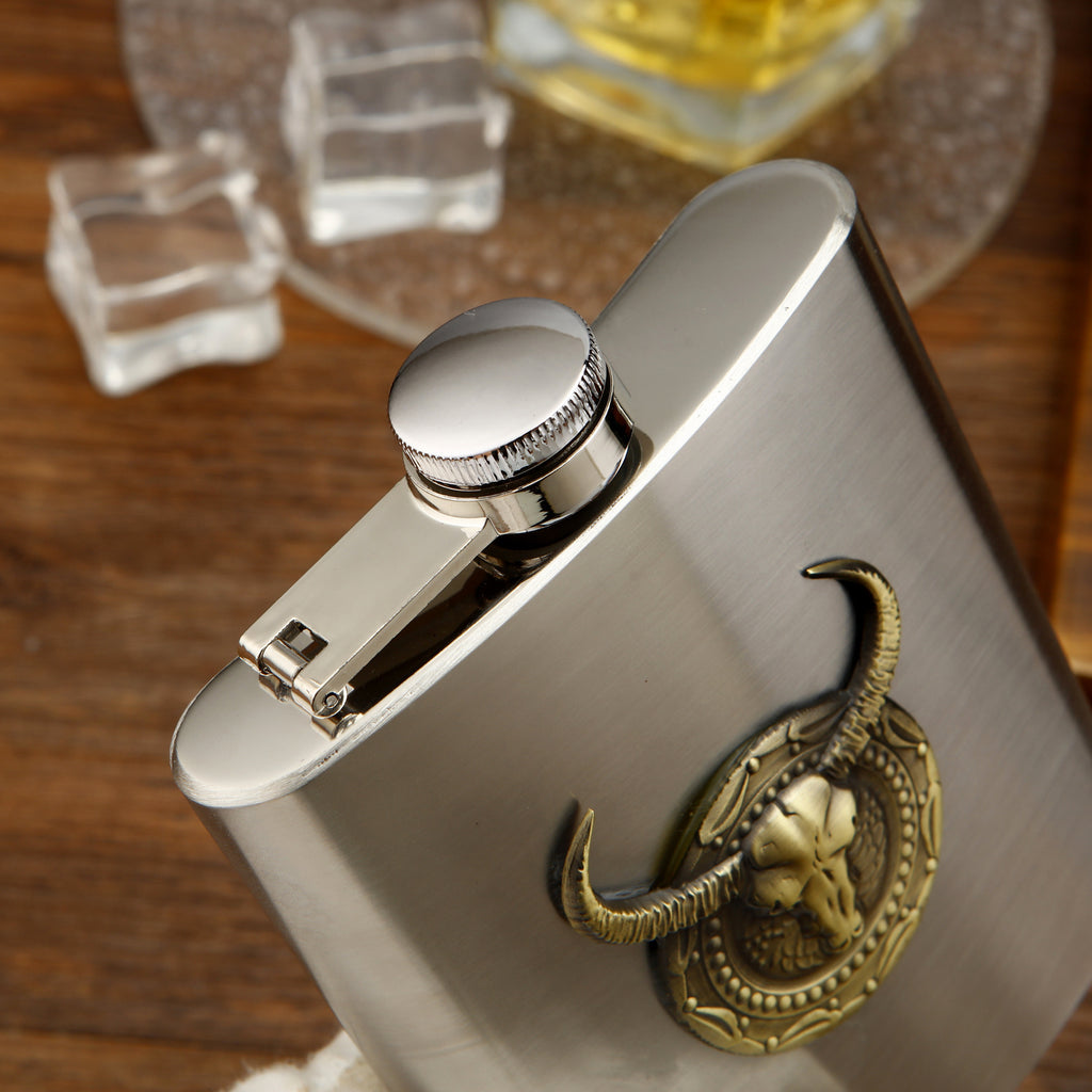Stainless Steel Flask, Vintage Bull Head