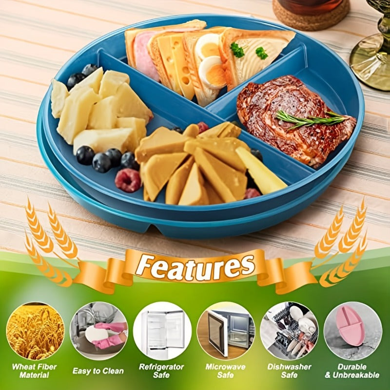 4pcs Unbreakable 9-Inch Wheat Plastic Round Gridded Dinner Plates