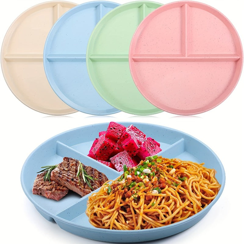 4pcs Unbreakable 9-Inch Wheat Plastic Round Gridded Dinner Plates