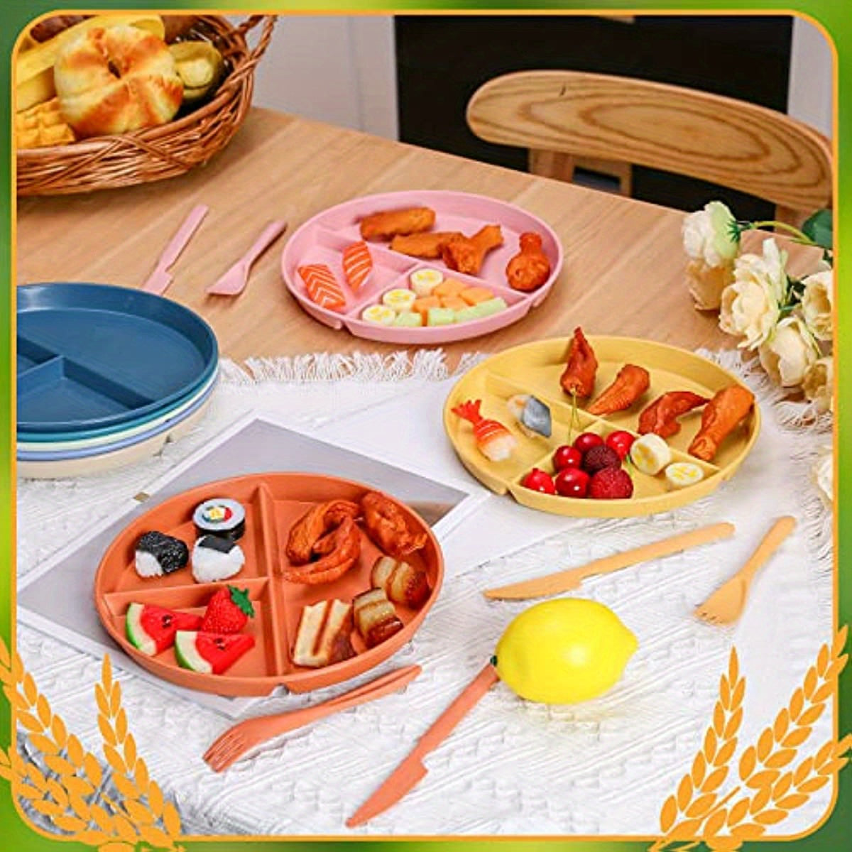4pcs Unbreakable 9-Inch Wheat Plastic Round Gridded Dinner Plates