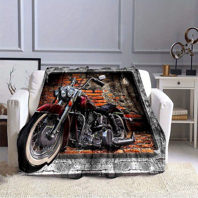 Retro Red Brick Motorcycle Printed Soft and Warm Flannel Blanket