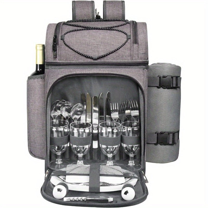 4-Person Insulated Picnic Basket Backpack with Leak-Proof Cooler Compartment