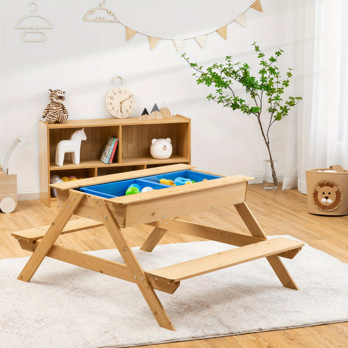 3-in-1 Kids Picnic Table Wooden Outdoor Water Sand Table w/ Play Boxes