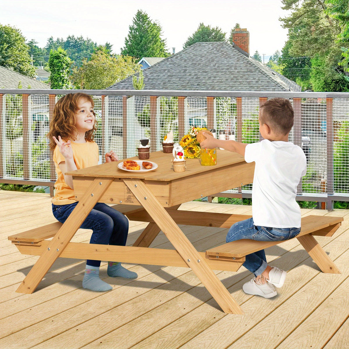 3-in-1 Kids Picnic Table Wooden Outdoor Water Sand Table w/ Play Boxes