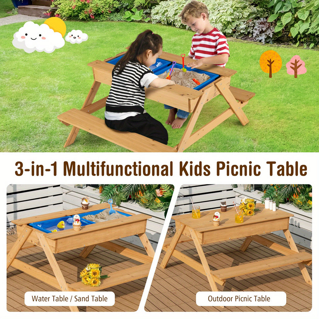 3-in-1 Kids Picnic Table Wooden Outdoor Water Sand Table w/ Play Boxes