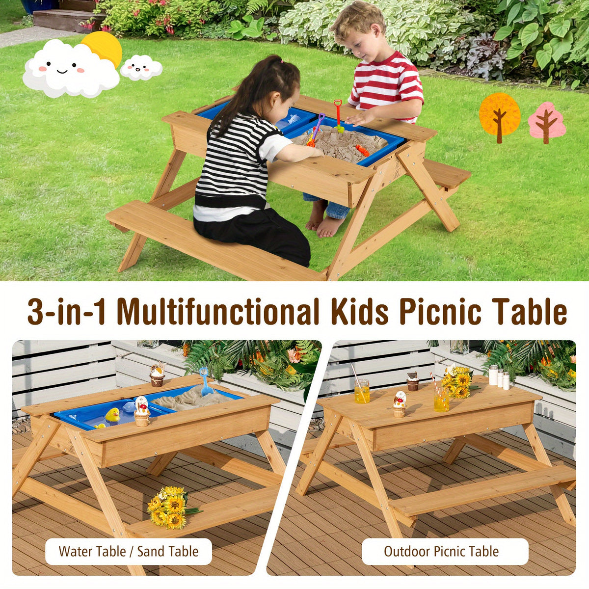 3-in-1 Kids Picnic Table Wooden Outdoor Water Sand Table w/ Play Boxes