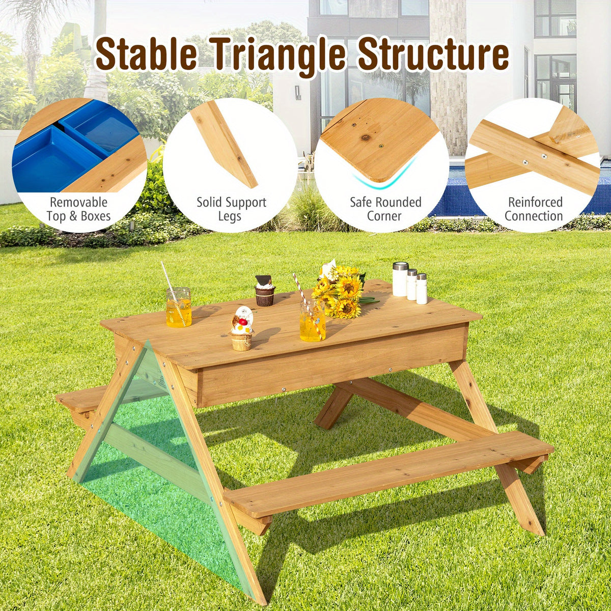 3-in-1 Kids Picnic Table Wooden Outdoor Water Sand Table w/ Play Boxes