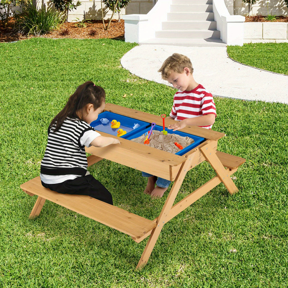 3-in-1 Kids Picnic Table Wooden Outdoor Water Sand Table w/ Play Boxes