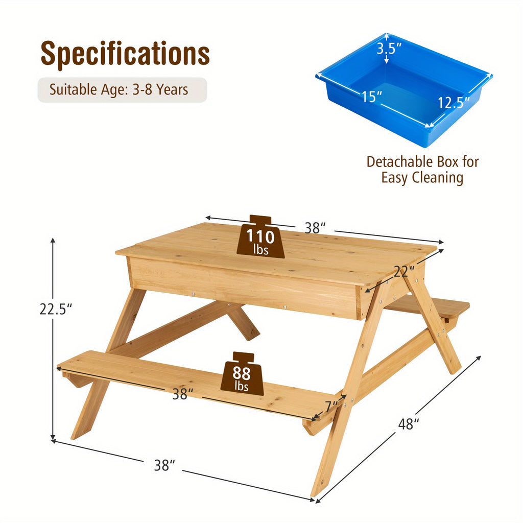 3-in-1 Kids Picnic Table Wooden Outdoor Water Sand Table w/ Play Boxes