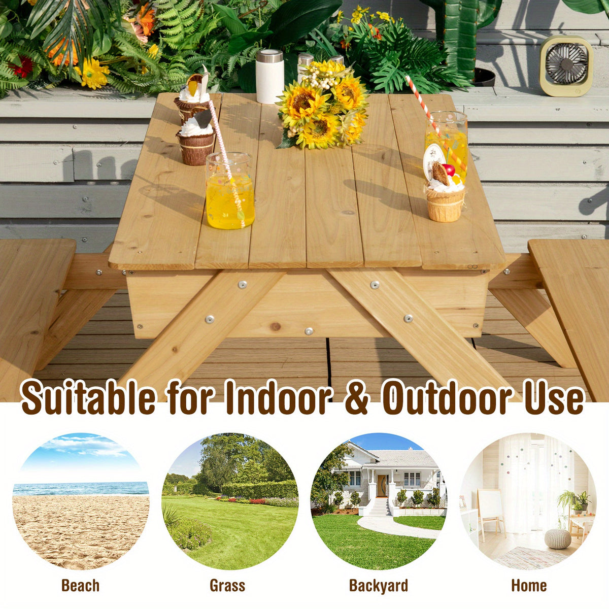 3-in-1 Kids Picnic Table Wooden Outdoor Water Sand Table w/ Play Boxes