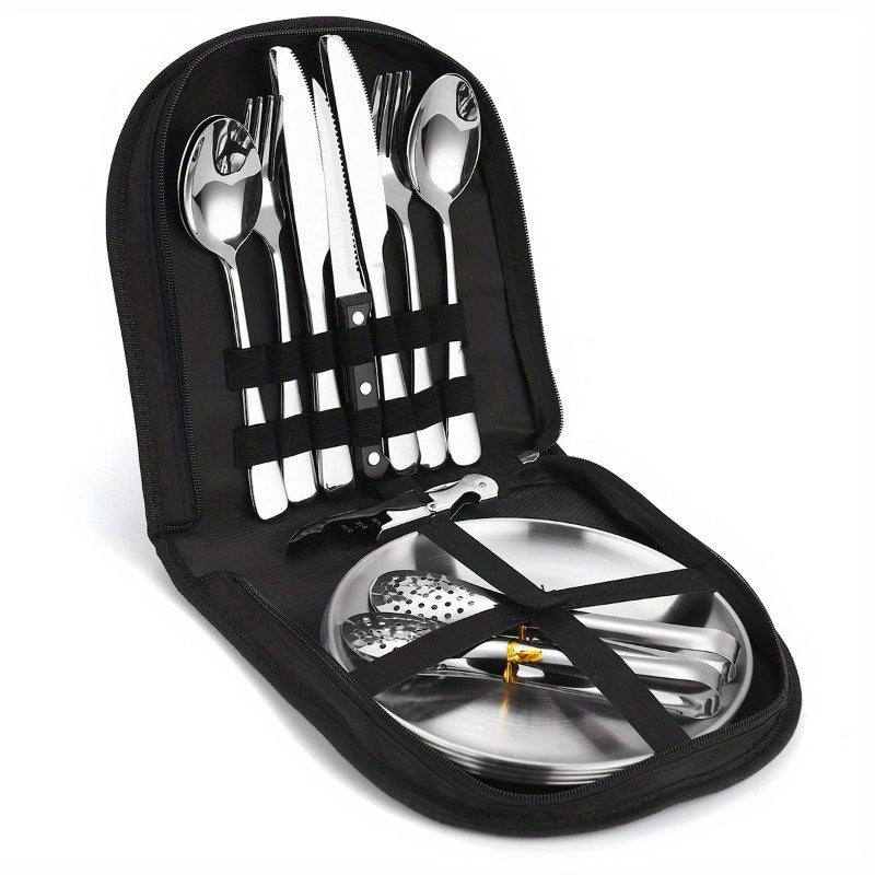 20 Pieces Silverware Set With Organizer -Plate-Steak Knife-Fork-Spoon- Premium Outdoor