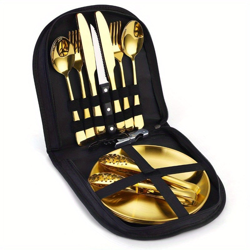 20 Pieces Silverware Set With Organizer -Plate-Steak Knife-Fork-Spoon- Premium Outdoor