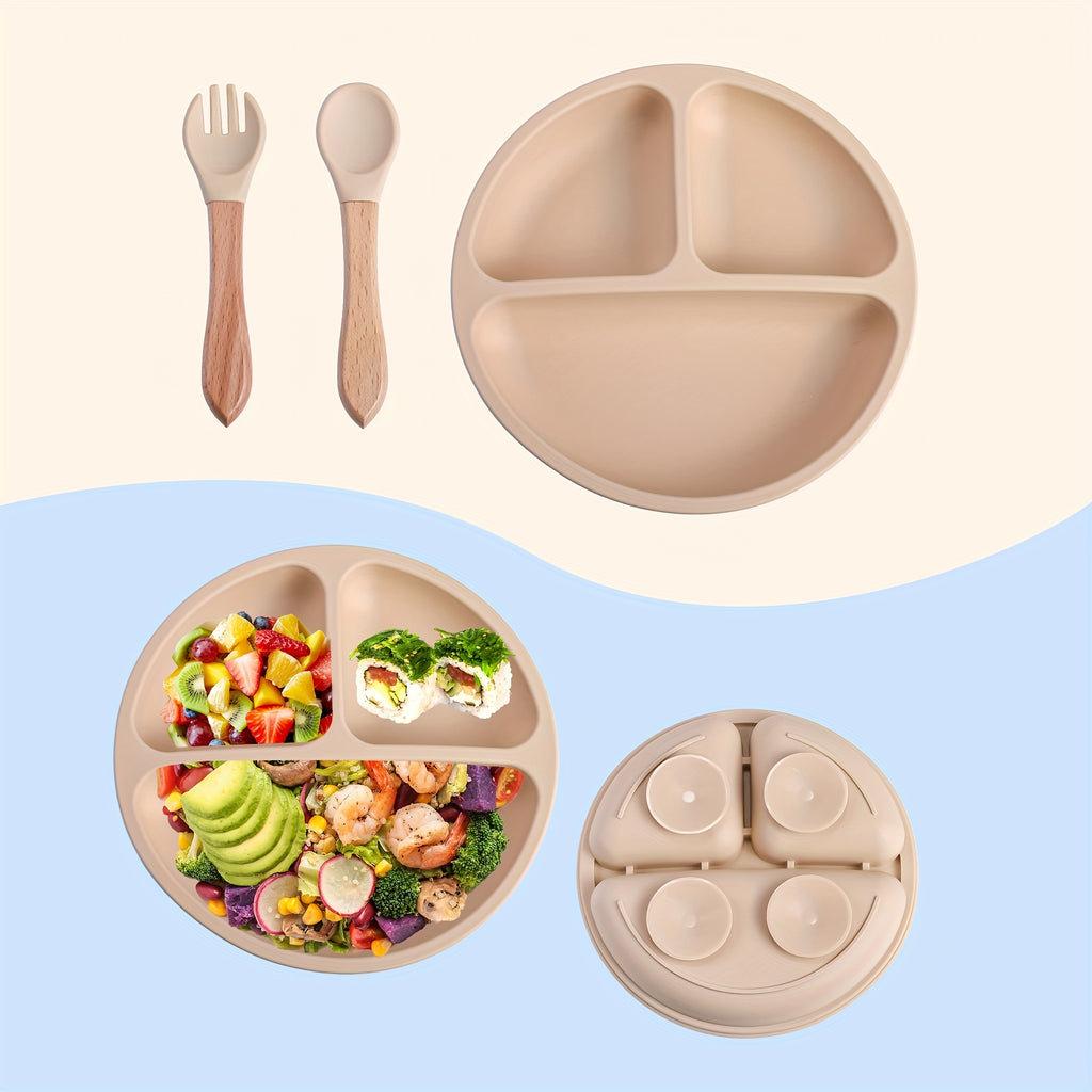3pcs Baby Feeding Set Made of 100% Silicone, Featuring a Divided Suction Plate