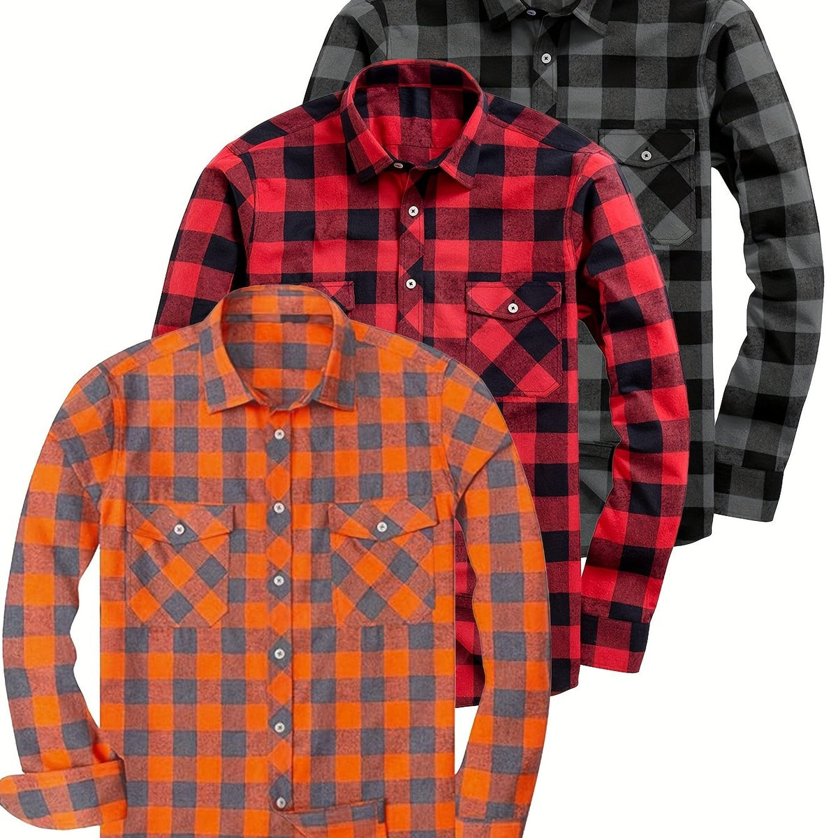 3pcs Stylish Plaid Pattern Long Sleeve Button Down Shirts