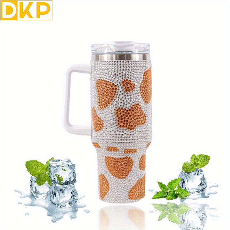 Insulated Cow Print Tumbler with Handle and Straw Lid - 40oz Capacity, 304 Stainless Steel