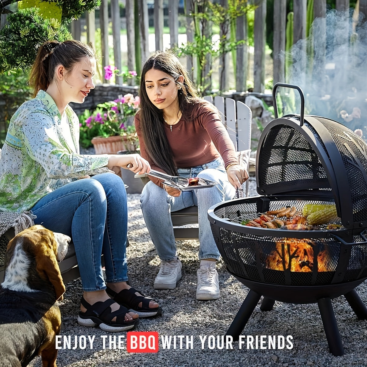 35 Inch  Outdoor Wood Burning Flaming Ball FirePit with Pivot Spark Screen
