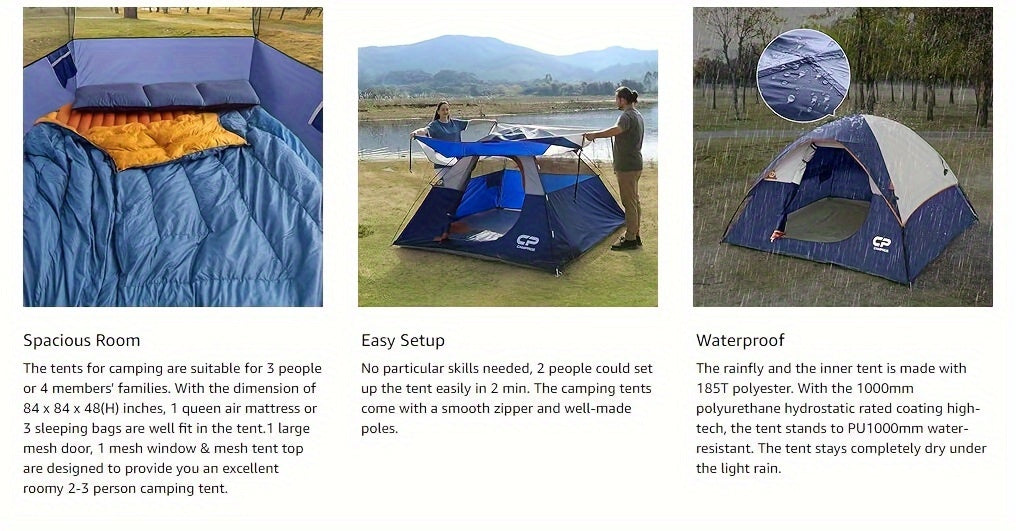3 Person Camping Tent - Dome Tents, Waterproof Windproof
