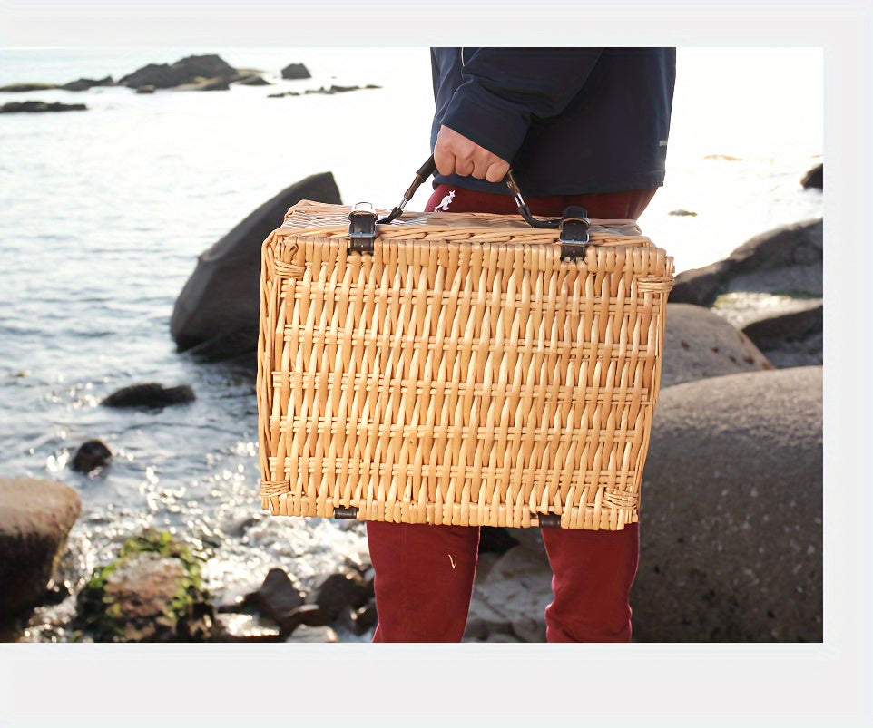 1 Set Picnic Basket With Cutlery For 4 Person, Large Willow Basket Set With Bottle Holder