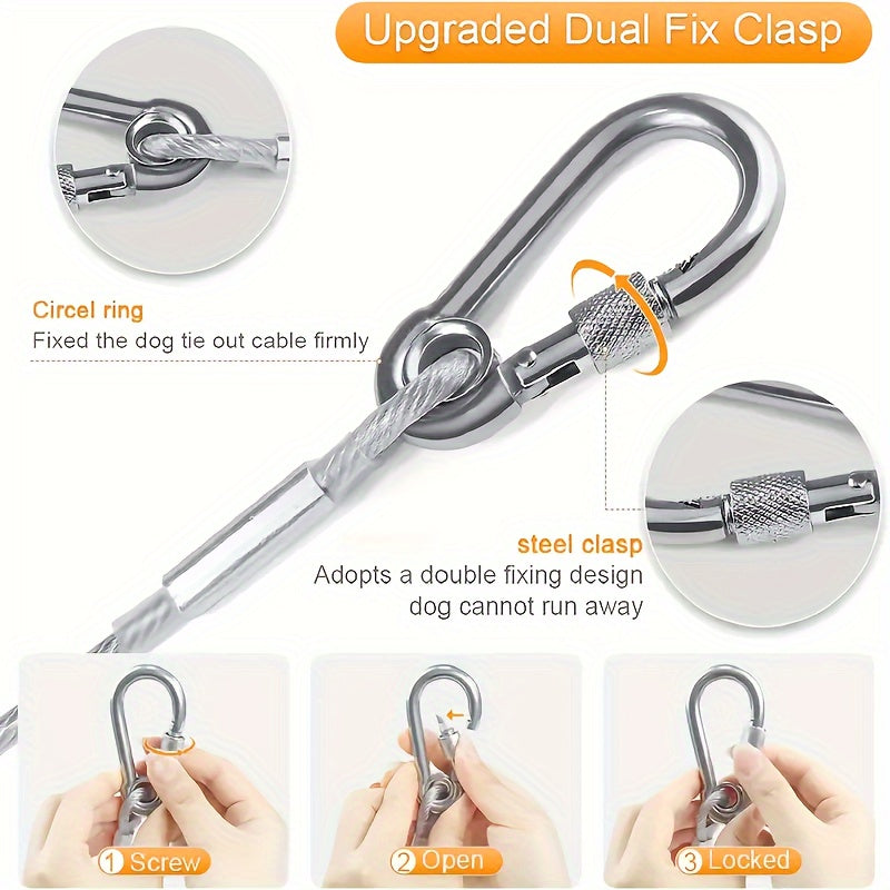 250 lbs Heavy-Duty Reflective Dog Tie-Out Cable - Stainless Steel with Swivel Snap Hooks