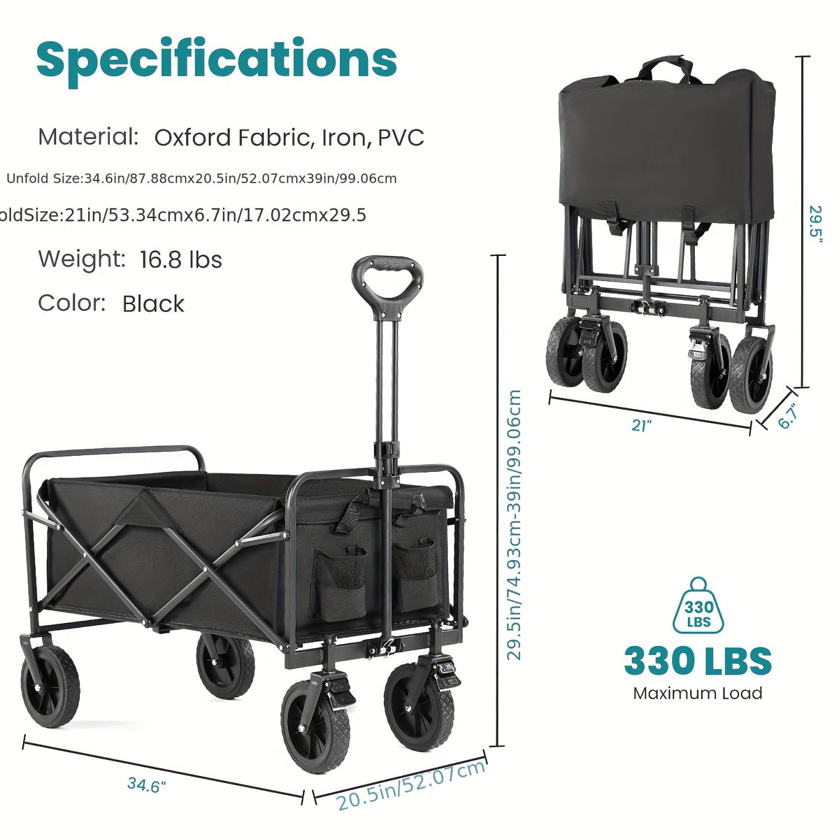 Collapsible Foldable Wagon Cart, Shopping, Camping with Big All-Terrain Wheels