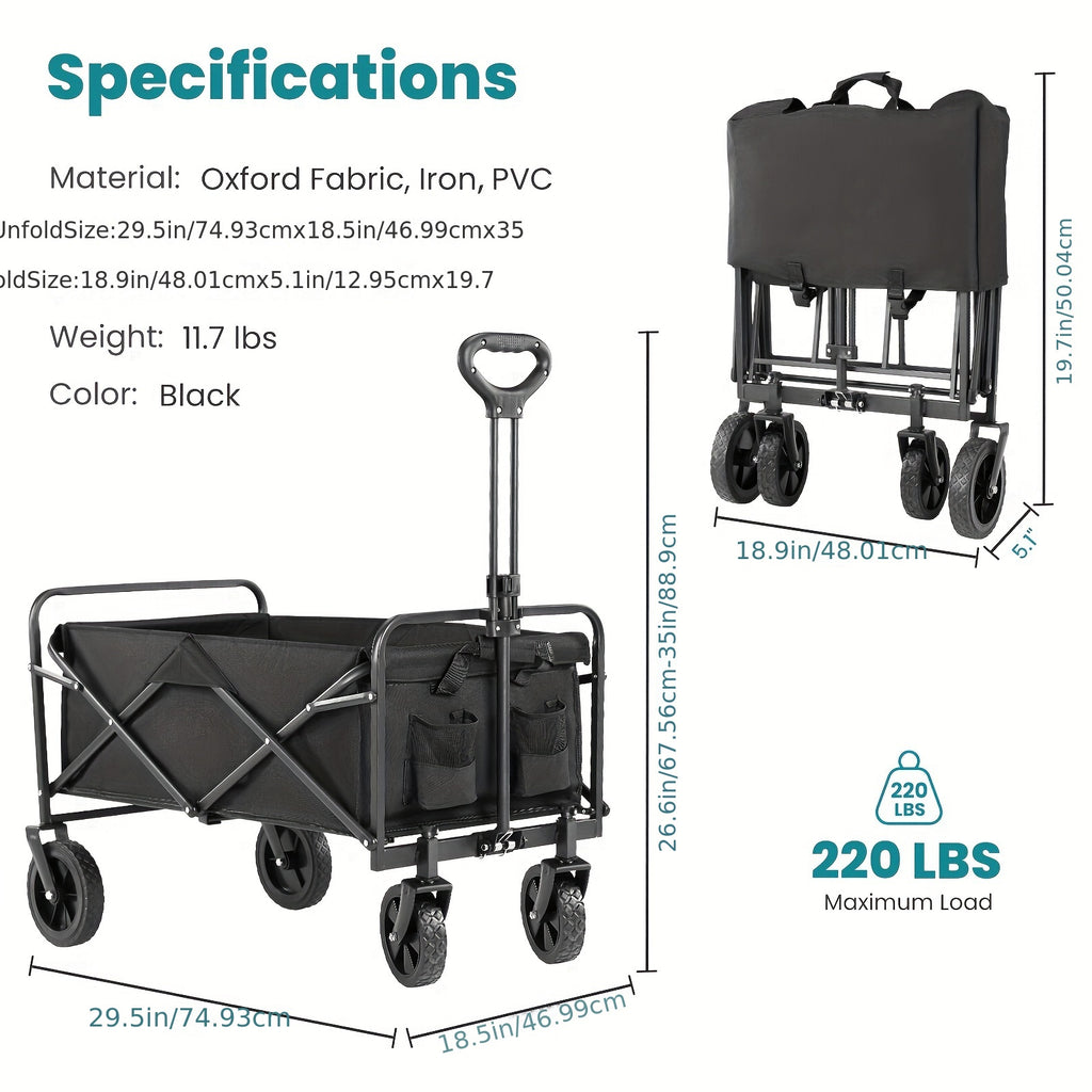 Collapsible Foldable Wagon Cart, Shopping, Camping with Big All-Terrain Wheels