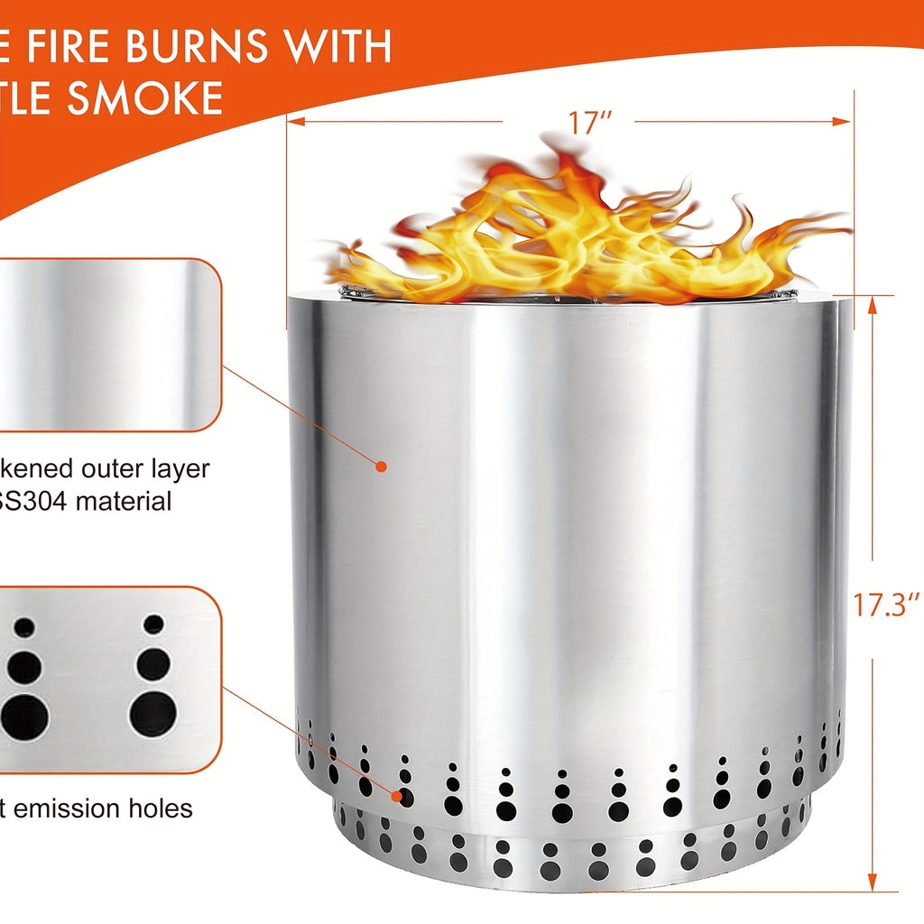 17" Outdoor Smokeless Fire Pit, Portable 304 Stainless Steel Round Grill