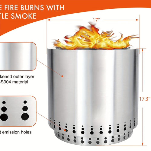 17" Outdoor Smokeless Fire Pit, Portable 304 Stainless Steel Round Grill