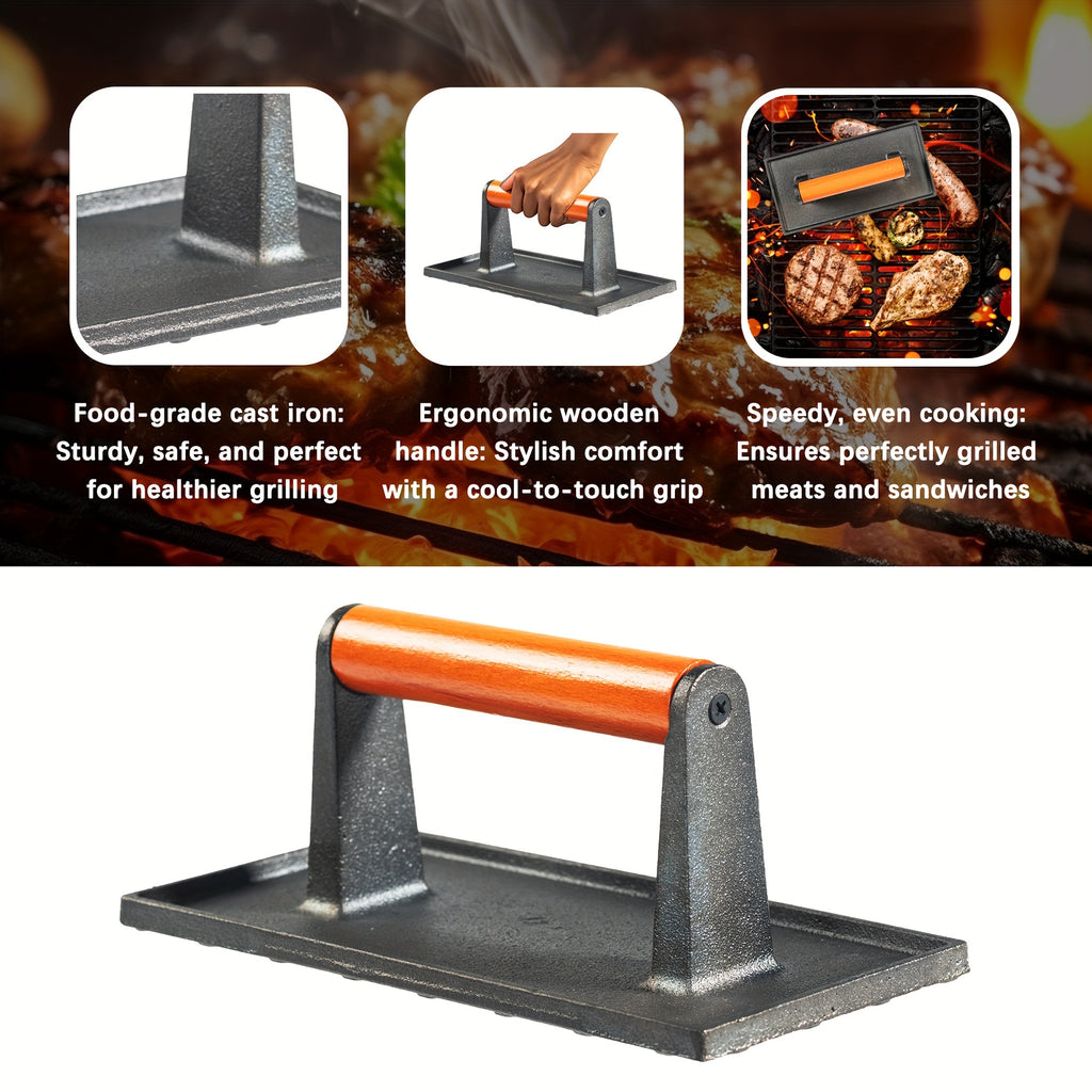Cast Iron Grill Press With Wooden Handle