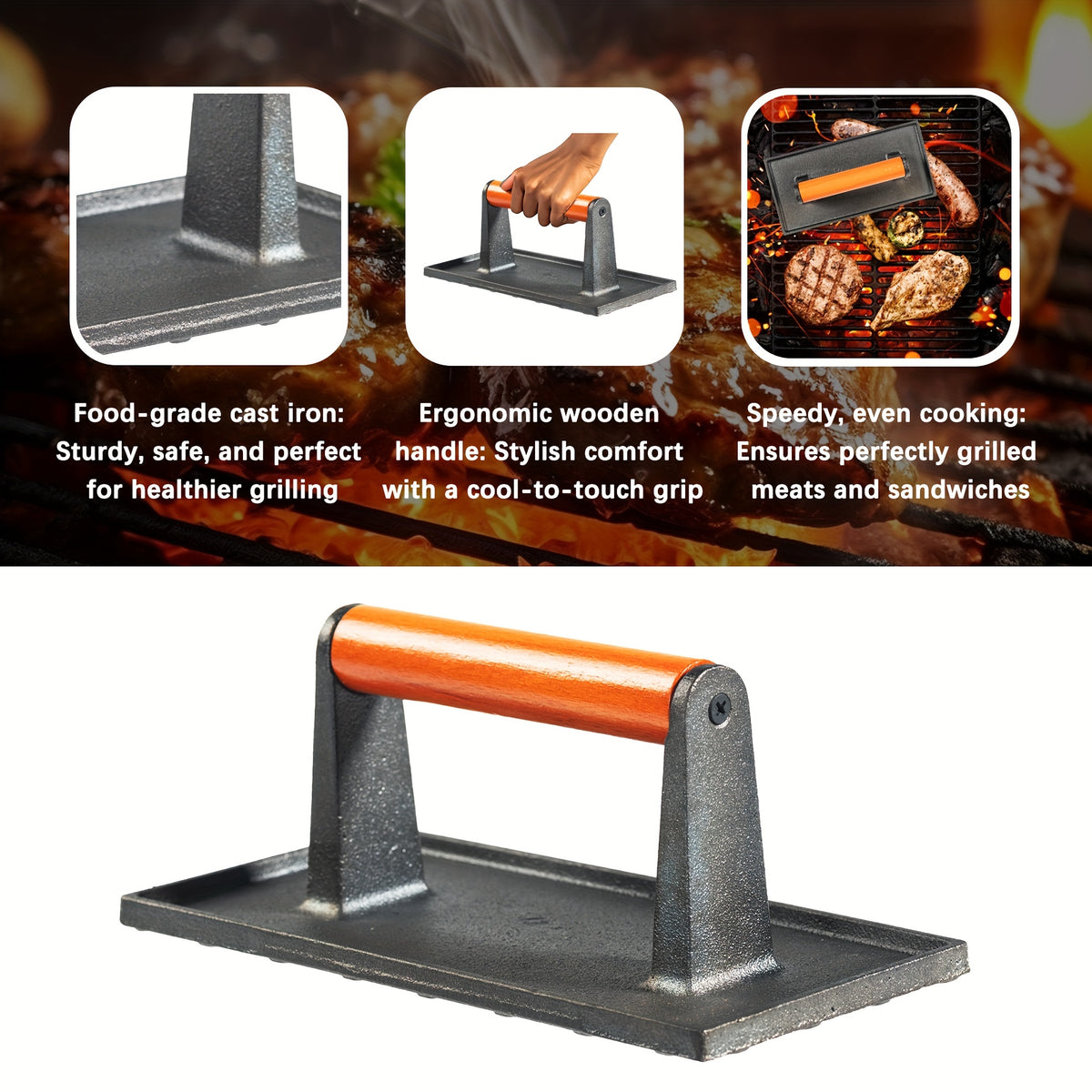 Cast Iron Grill Press With Wooden Handle