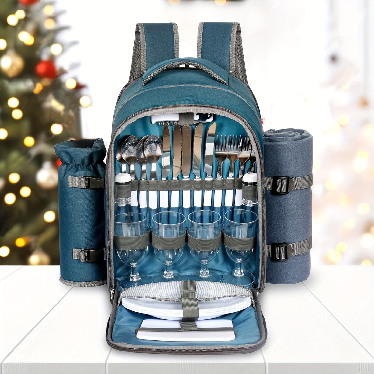 4-Person Picnic Backpack with Cooler Compartment, Detachable Bottle/Wine Holder