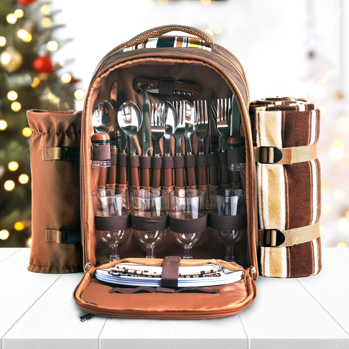 4-Person Picnic Backpack with Cooler Compartment, Detachable Bottle/Wine Holder
